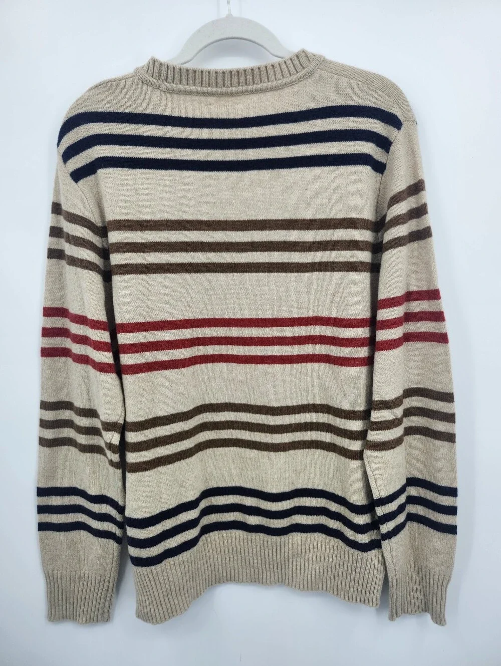 J. Crew Mens Sweater Rugged Merino Wool Blend Tan Stripe Crew Size L